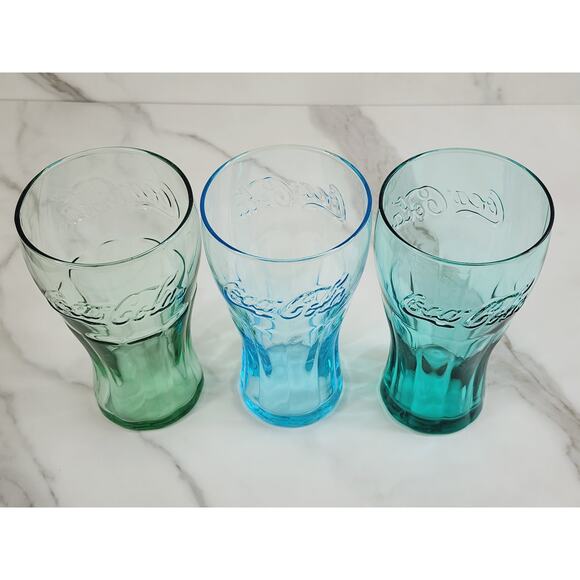 Coca Cola Drinking Glasses Embossed Logo 16oz Glass Tumblers Turquoise Green x3 - Picture 6 of 12